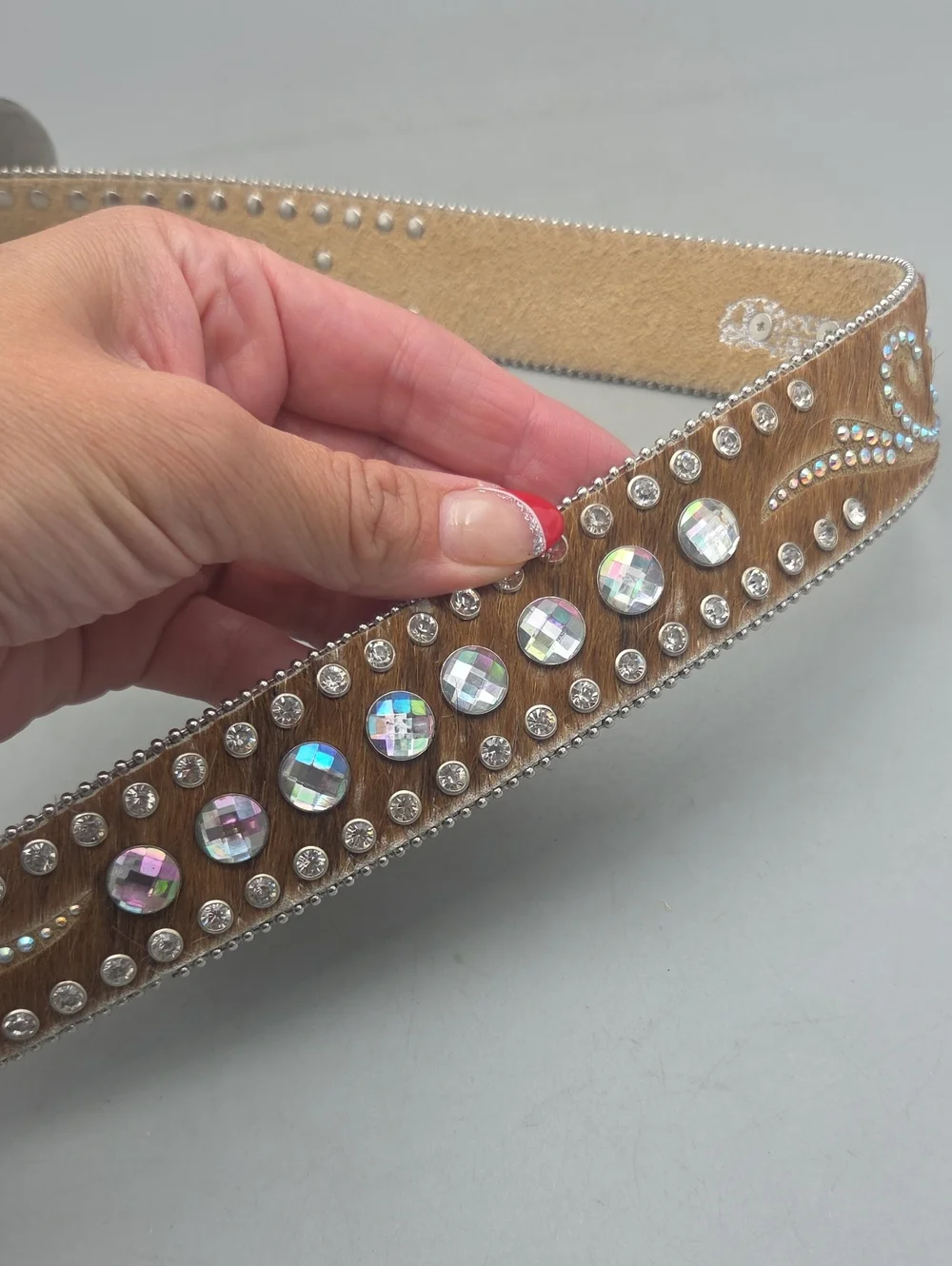 Nocona Genuine Leather Calf Hair on Hide Rhinestone Belt Rodeo Western Bling